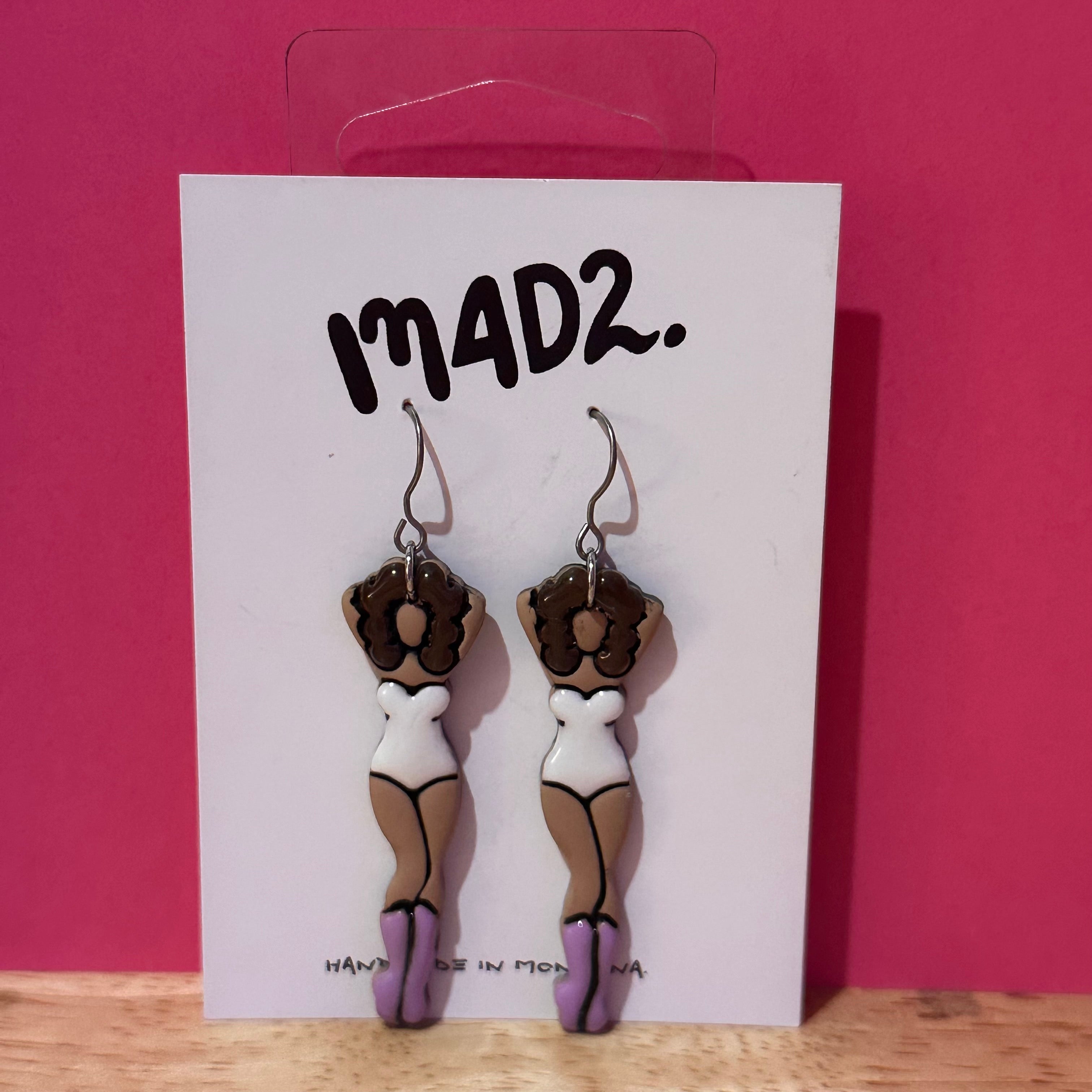 Pin Up Standing Brown Hair in White Dangles