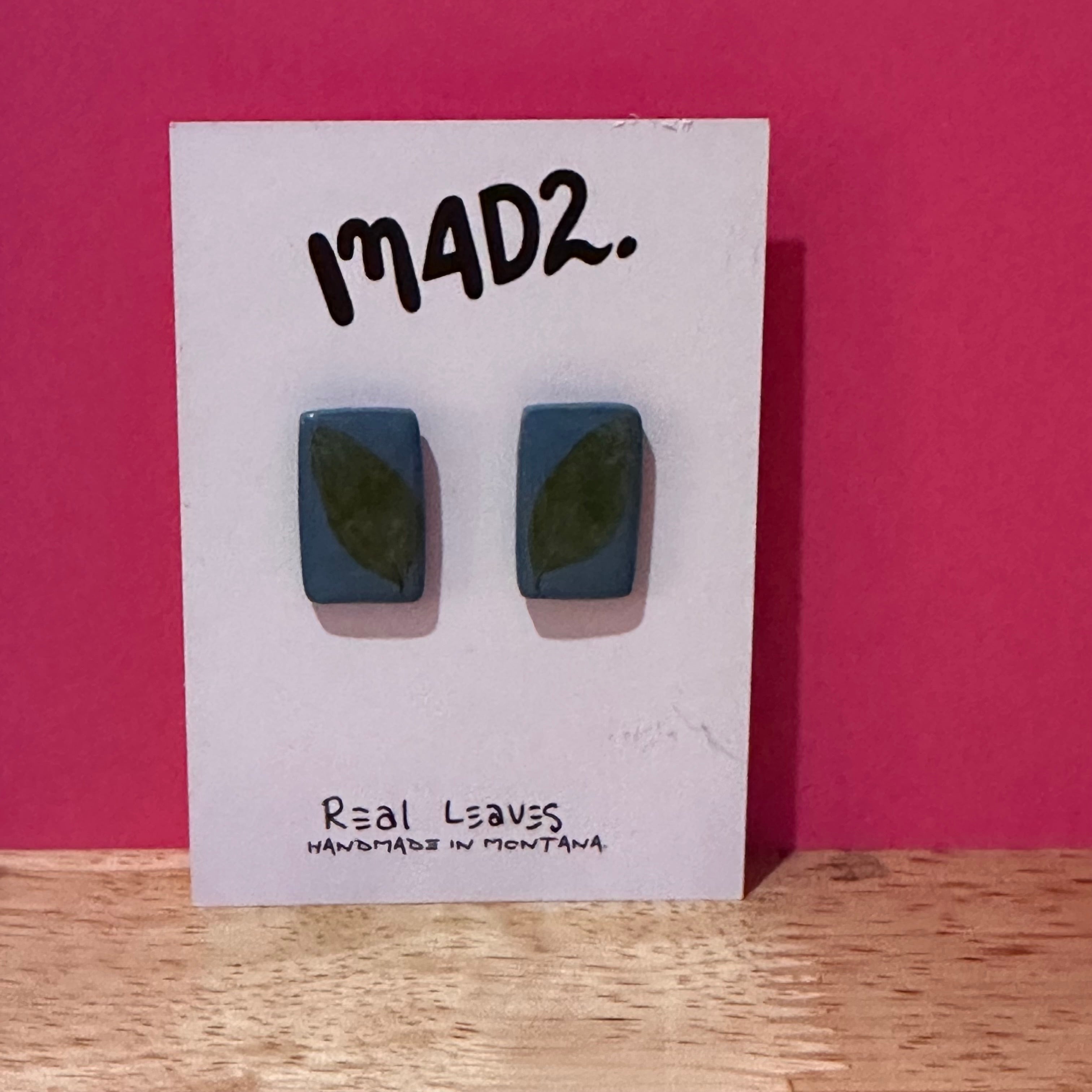 Blue Leaf Rectangle Studs