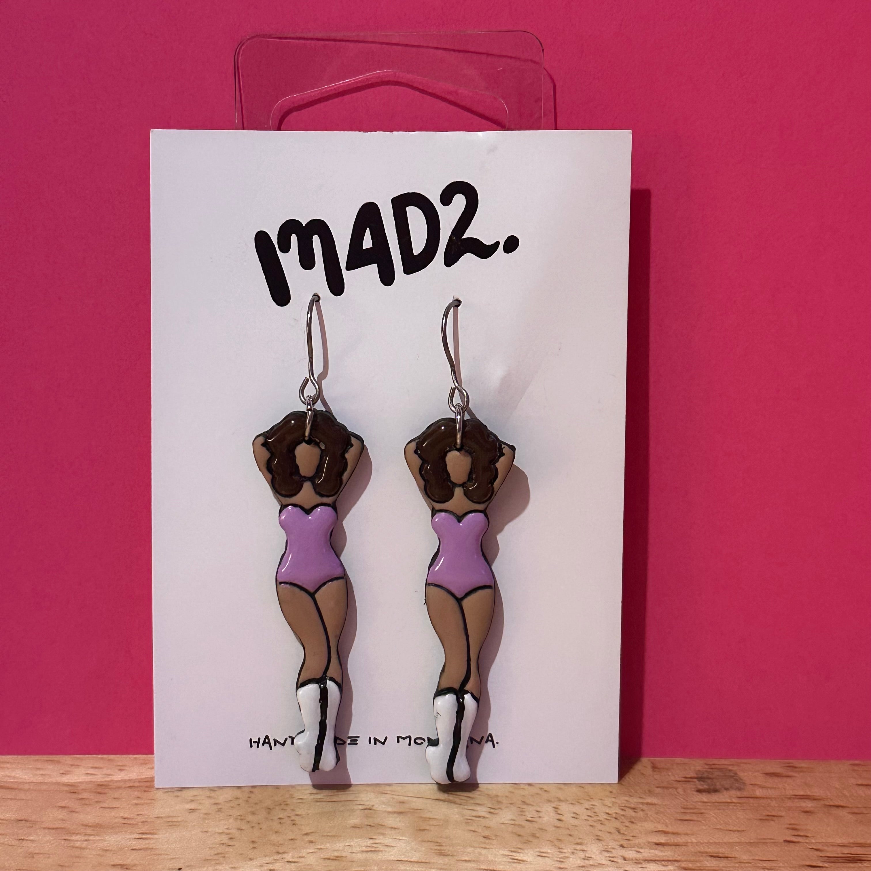Pin Up Standing Brown Hair in Lilac Dangles